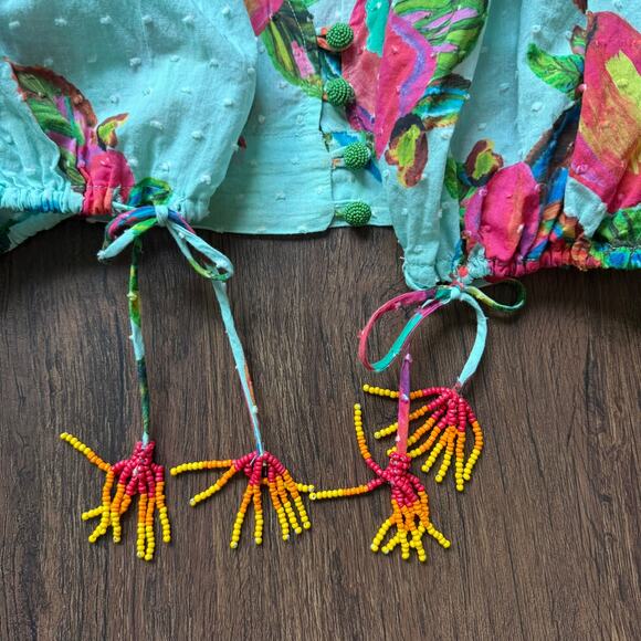 Farm Rio Cropped Blouse Fruit Print Beaded Sleeve Tie Top XS - Picture 5 of 11